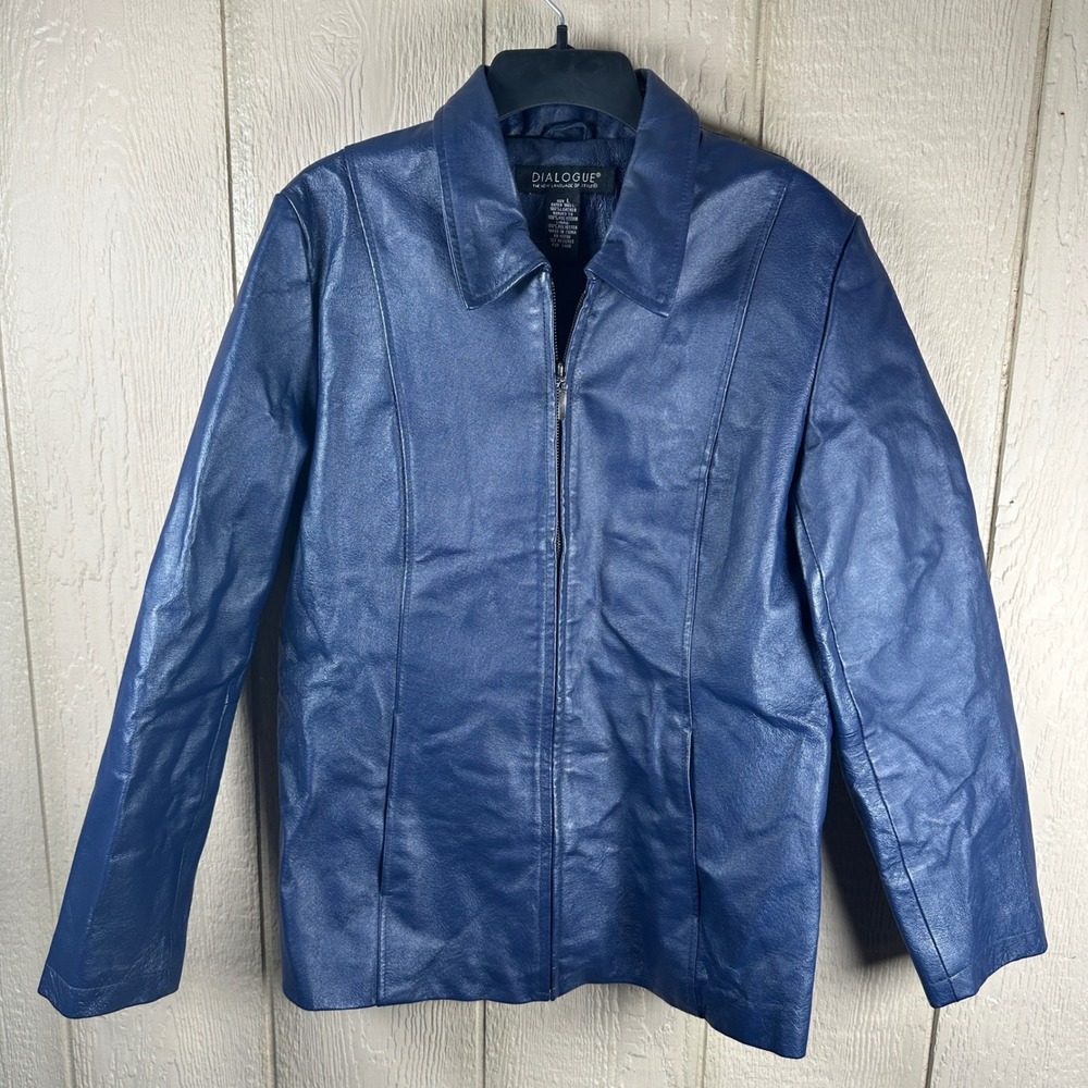 Dialogue Leather Jacket Womens Large Navy Blue Full Zip Collared Moto Biker Coat